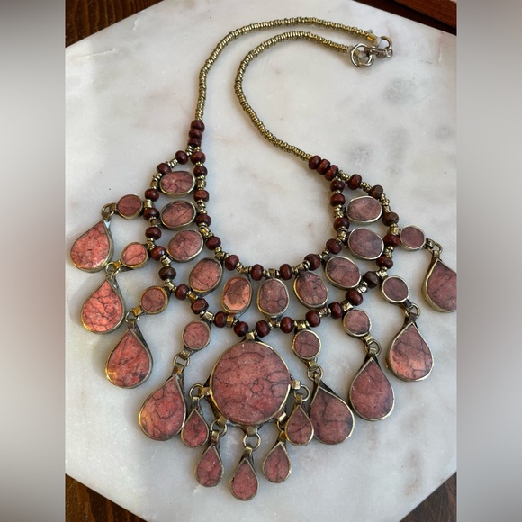 Pink Afghan Kuchi Necklace/ Handmade Pink Colored Stone Beaded Necklace/Boho - Picture 14 of 14